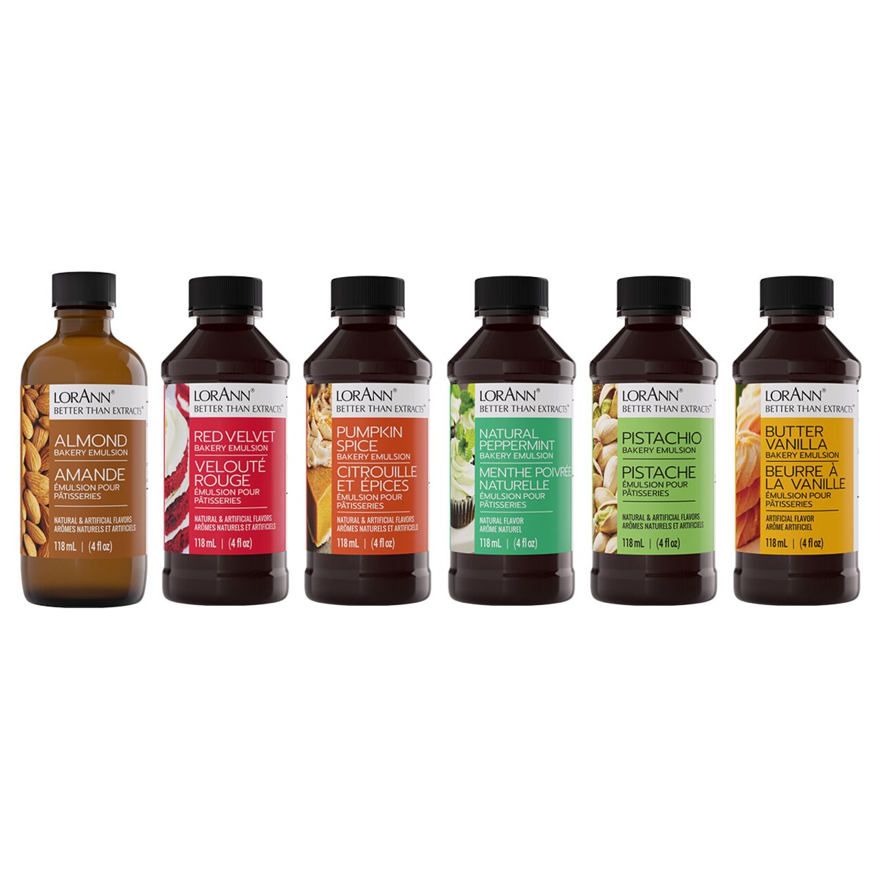 LorAnn Oils Bakery Emulsion Holiday Variety Pack - Almond, Red Velvet, Pumpkin Spice, Natural Peppermint, Pistachio and Butter Vanilla - 4 ounce bottles